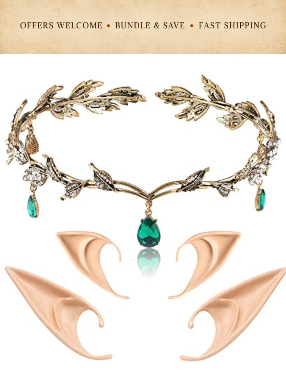 Fairy Crown Headband with Elf Ears Set Silicone Cosplay Costume Accessory